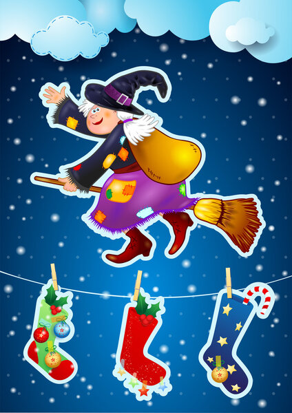 Witch flying on broomstick, Epiphany, vector
