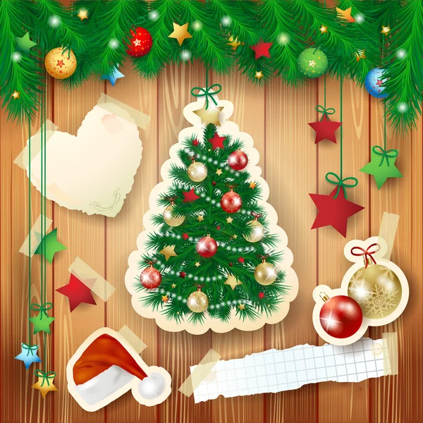 Illustration de Noël avec arbres et éléments en papier — Image vectorielle