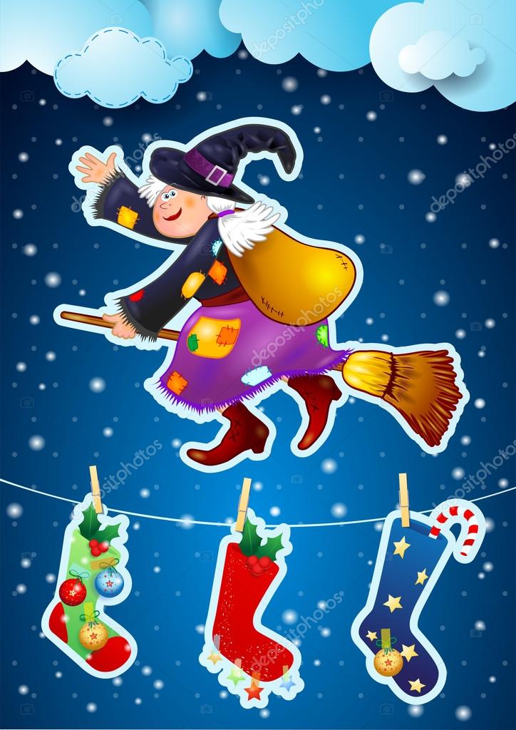 Hand Drawn Vector Illustration Witch Befana Flying Broomstick Stockings  Italian Stock Vector by ©Maria_Skrigan 321096900