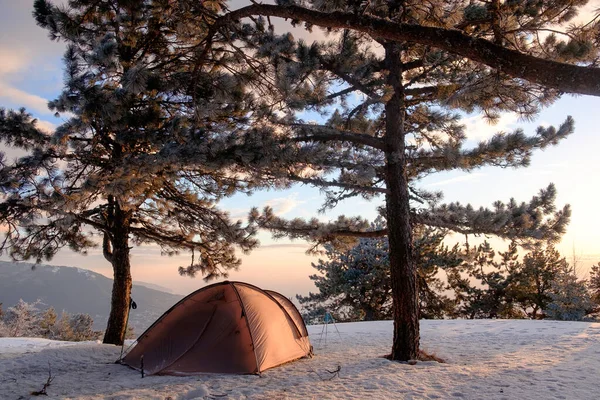 Vinterklättring Fjällen Turisttält Längst Upp — Stockfoto