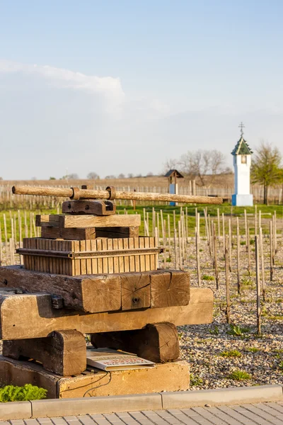 Wine press and wayside with vineyard near Velke Bilovice — Stock Photo, Image