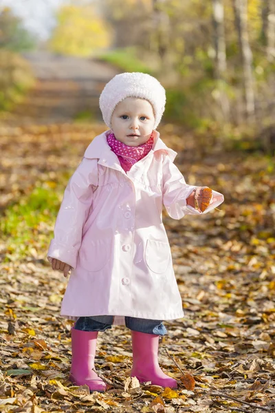 Liten flicka klädd i gummi stövlar i höstliga naturen — Stockfoto