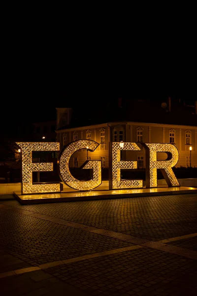 Illuminated Sign Egger Center Historic City Northern Hungary — Stock Photo, Image