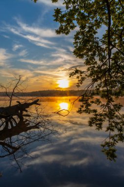 Gölün üzerinde gün doğumu güneşi, Trebon, Çek Cumhuriyeti