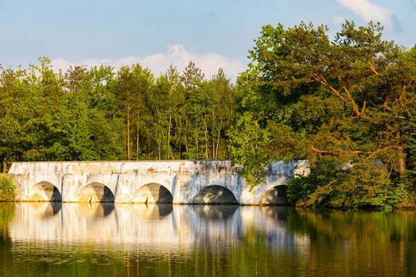 チェコ共和国南ボヘミア ジンドリフフ フラデツ県トレボン近郊のノヴァヒンラのヴィテク池にかかる古い石造りの橋 — ストック写真