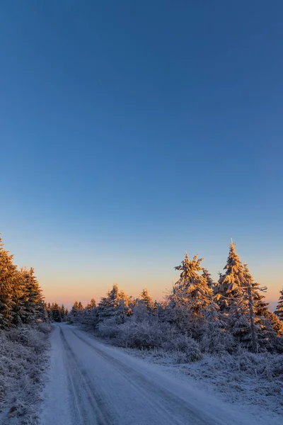 Východ Slunce Zimní Krajině Velké Destny Orlické Hory Východní Čechy — Stock fotografie