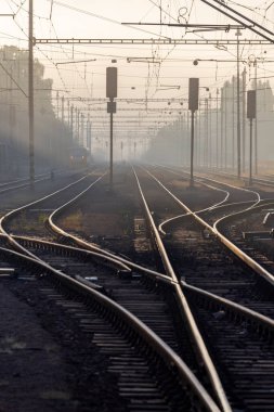 Çek Cumhuriyeti 'nde sabah sisinde orta büyüklükteki tren istasyonu