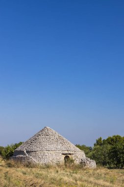 Trulli, İtalya 'nın Apulia bölgesindeki Castel del Monte yakınlarında tipik evler.