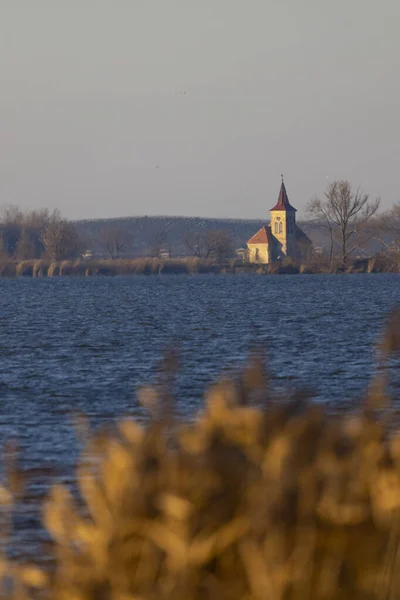 Musov Church Nove Mlyny Reservoir Palava Hills Sunrise Winter Southern — Stock Photo, Image