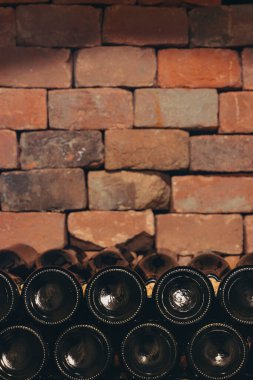 Güney Moravya Çek Cumhuriyeti şarap mahzeninde istiflenmiş şarap şişeleri alanı