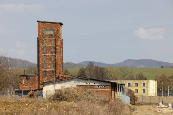 Red Tower of Death, UNESCO site with inscription in Czech language "Ruda vez smrti" a national monument in Dolni Zdar near Ostrov, Western Bohemia, Czech Republic