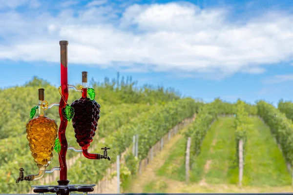 Garrafa Vidro Com Vinho Branco Tinto Forma Uva Fundo Vinha — Fotografia de Stock