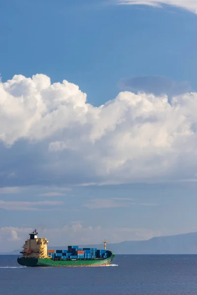 Cargo Ship Nearby Capo Peloro Lighthouse Punta Del Faro Strait — Stock Photo, Image