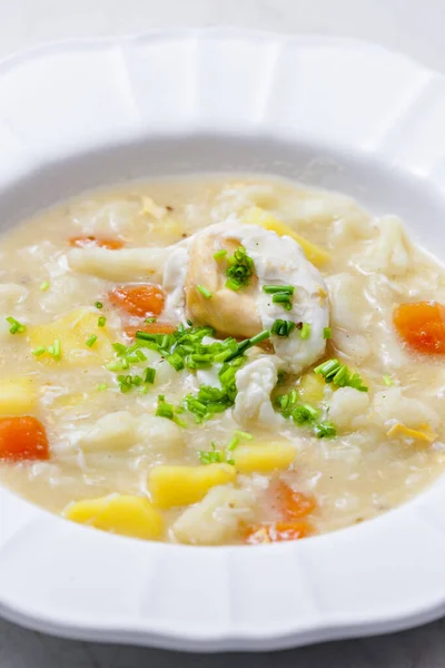 Cauliflower Soup Carrot Potatoes Poache Egg — Stock Photo, Image