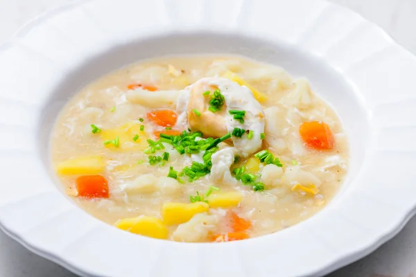 Cauliflower Soup Carrot Potatoes Poache Egg — Stock Photo, Image