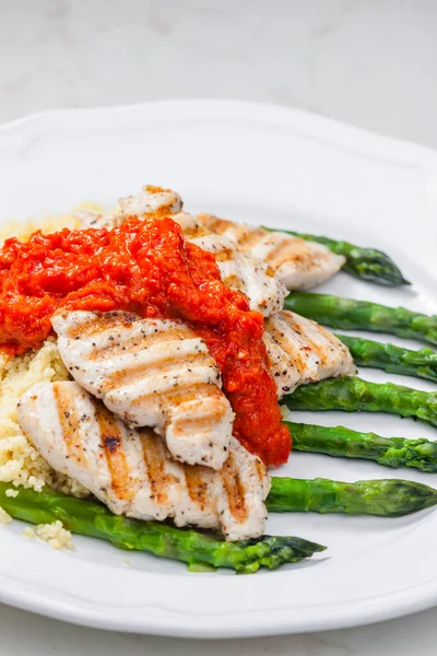 Grilled Poultry Meat Baked Red Pepper Sauce Green Asparagus — Stock Photo, Image