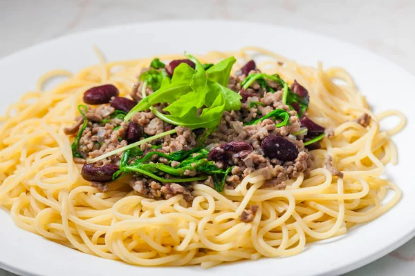 Spaghetti Minced Meat Red Beans — Stock Photo, Image