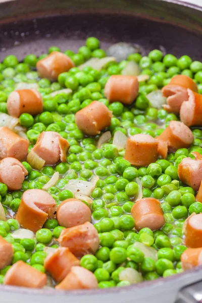 Mixture Green Peas Sausage Frying Pan — Stock Photo, Image