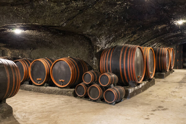 wine cellars with barrels, traditional wine called Bikaver near Eger, Hungary