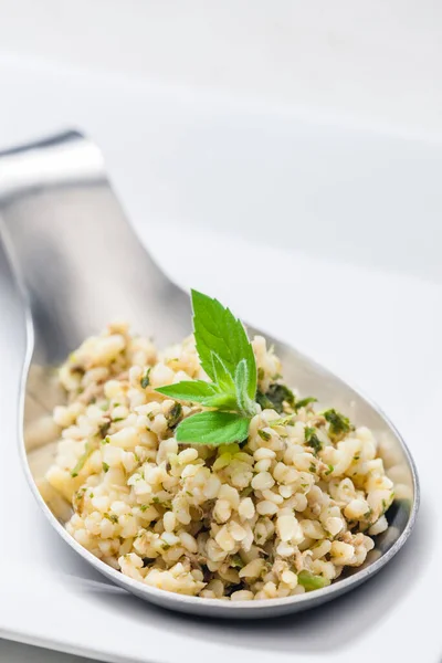 Ainda Vida Salada Bulgur Com Casa Moeda — Fotografia de Stock