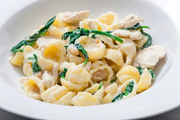Pasta Chicken Meat Spinach Chick Peas — Stock Photo, Image