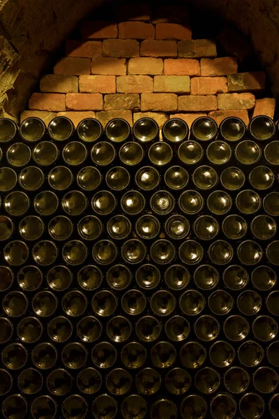 捷克共和国南摩拉维亚酒窖中的酒瓶堆放面积 — 图库照片