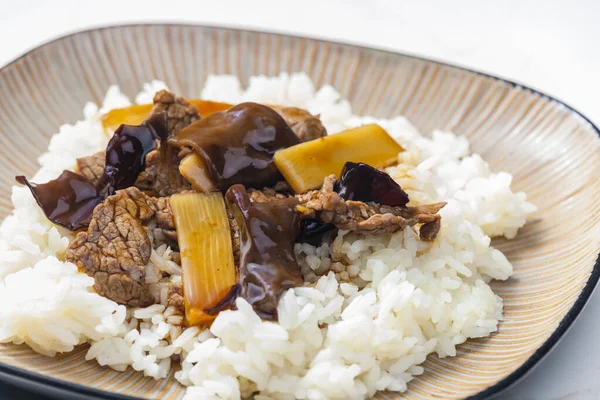 Carne Bovina Com Molho Bambu Soja Arroz — Fotografia de Stock