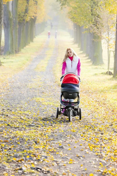 Woman with a pram on walk in autumnal alley — Stock Photo, Image