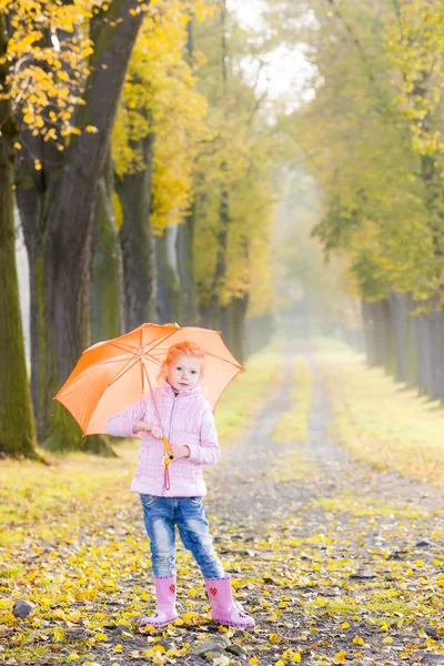 Liten flicka med paraply i höstlig gränd — Stockfoto