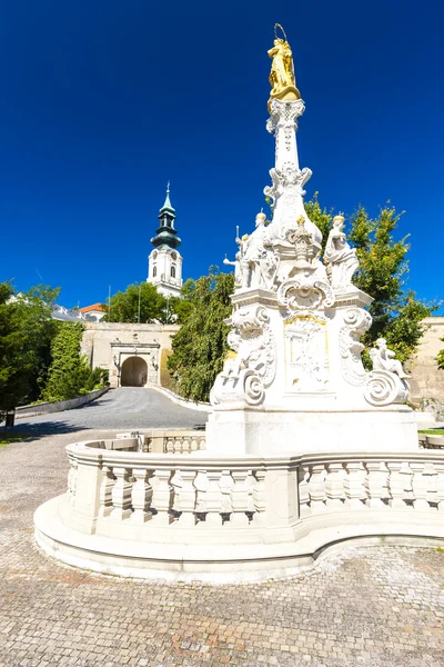 La columna de la peste y el castillo en Nitra, Eslovaquia — Foto de Stock