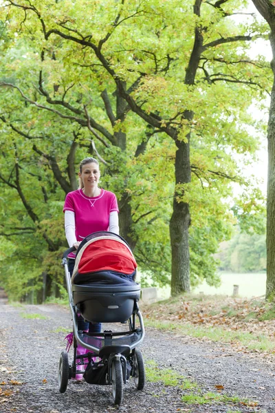 Woman with a pram on walk in autumnal alley — Stock Photo, Image