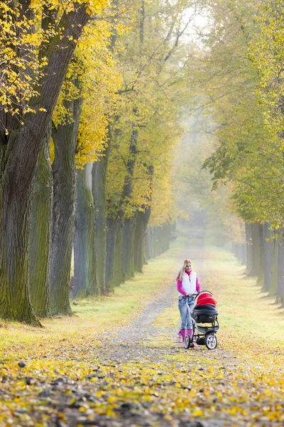 Kvinna med barnvagn på promenad i höstlig gränd — Stockfoto