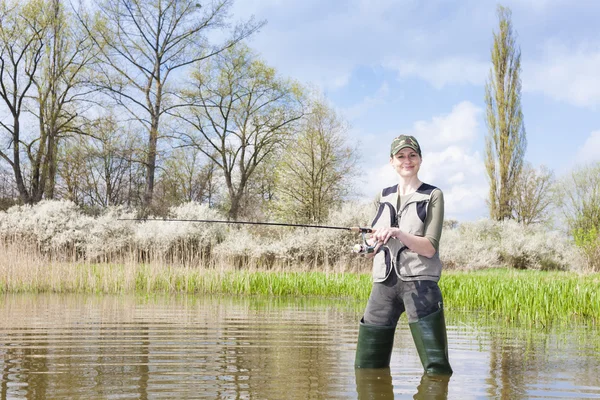 Woman fishing in pond in spring — Stock Photo, Image