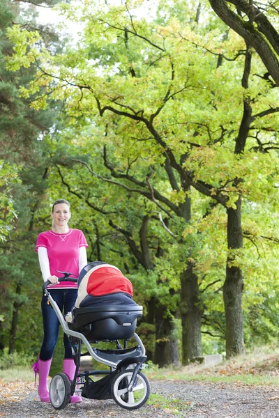 Woman with a pram on walk in alley — Stock Photo, Image