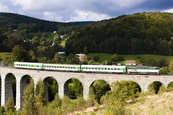 Comboio de passageiros no viaduto Novina, Vale do Krystofovo, Repu Checa — Fotografia de Stock