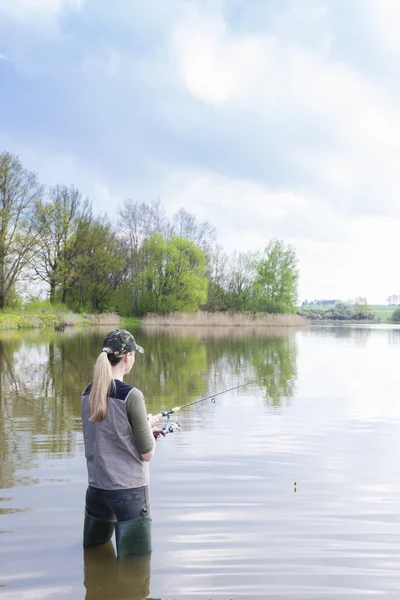 Woman fishing in pond in spring — Stock Photo, Image