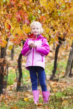 Kauçuk giymiş küçük kız sonbahar bağ önyükleme yapar.
