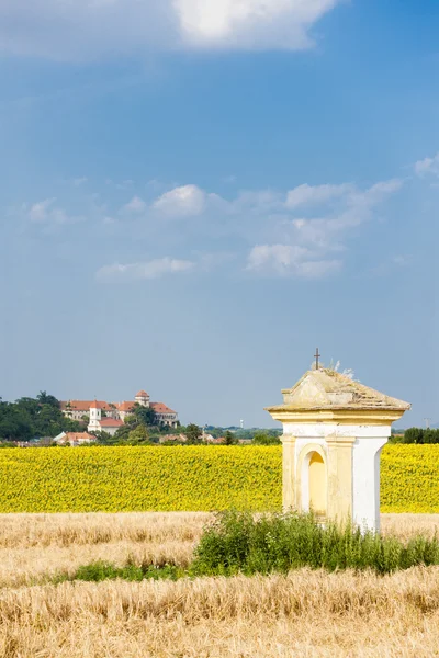 Gods foltering met zonnebloem veld en Jaroslavice kasteel — Stockfoto