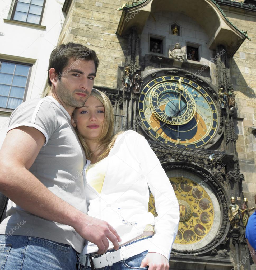 Couple in Prague, Horloge, Old Town Hall, Czech Republic