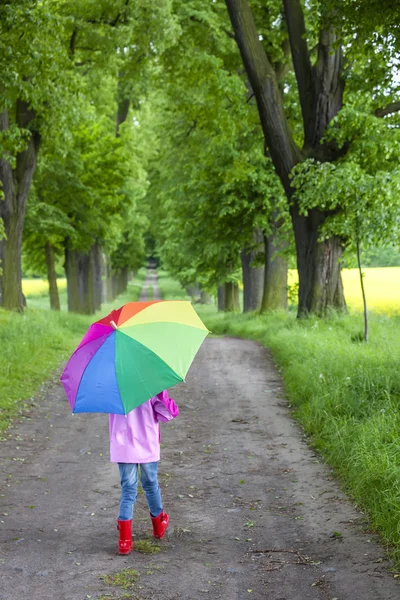 Little girl wearing rubber boots with umbrella — Stock Photo, Image