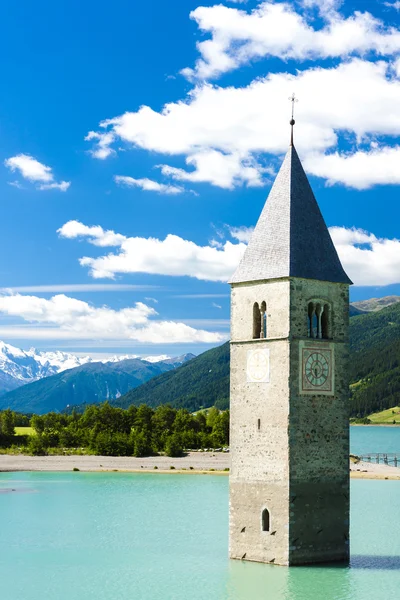 Tower of sunken church in Resia lake, South Tyrol — Stock Photo, Image