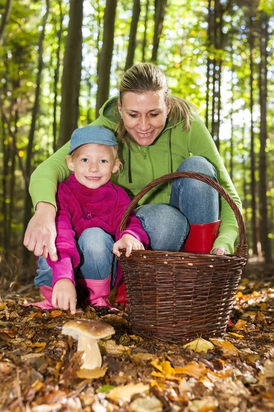 Mother with her daughter picking mushrooms — Stock Photo, Image