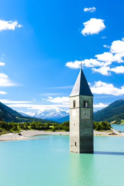 Tower of sunken church in Resia lake — Stock Photo, Image