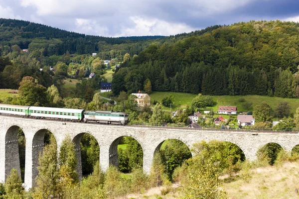 Comboio de passageiros no viaduto Novina, Vale do Krystofovo, Repu Checa — Fotografia de Stock