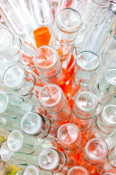 Empty bottles of wine on rack — Stock Photo, Image