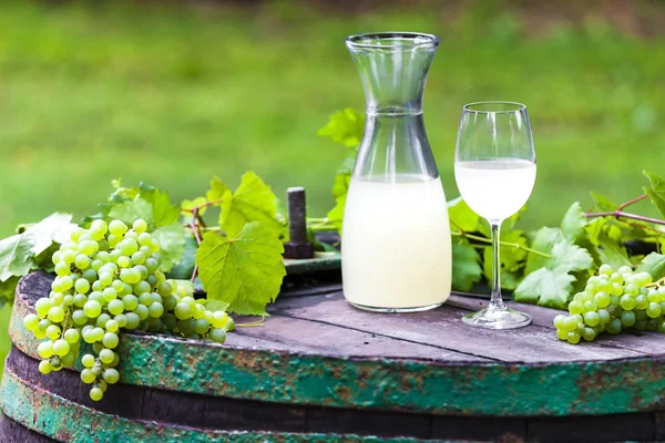Ποτήρι κρασί και καράφα με μηλίτη οίνου στέκεται στο βαρέλι — Φωτογραφία Αρχείου