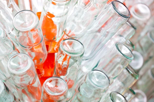 Empty bottles of wine on rack — Stock Photo, Image