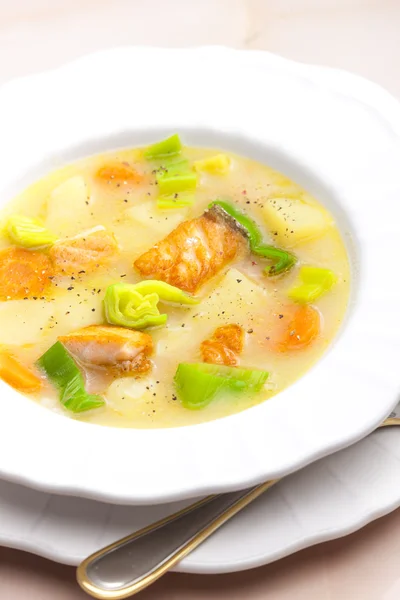 Sopa de patata con salmón — Foto de Stock