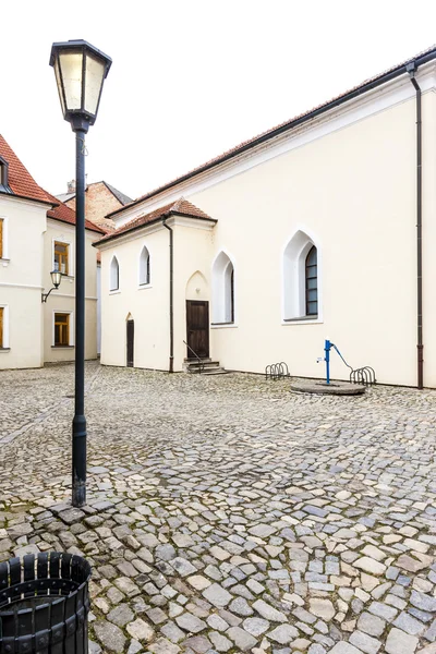 前台的犹太教堂，犹太区，Trebic，捷克共和国 — 图库照片