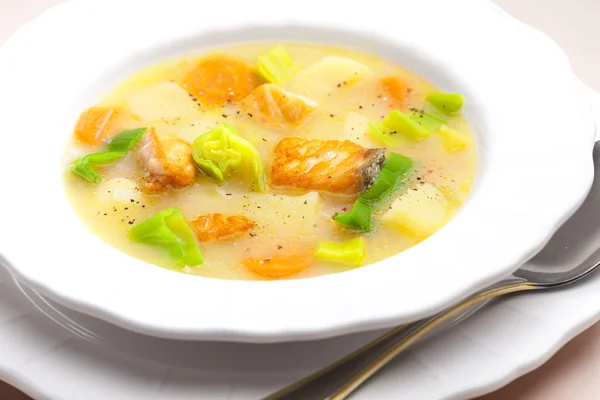 Potato soup with salmon — Stock Photo, Image
